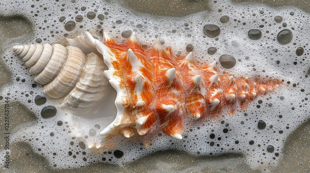 Poster close-up view of a seashell nestled in wet sand with ocean foam gently surrounding it. generative ai
