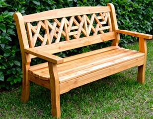 Wooden Garden Bench with Geometric Lattice Backrest Amidst Greenery