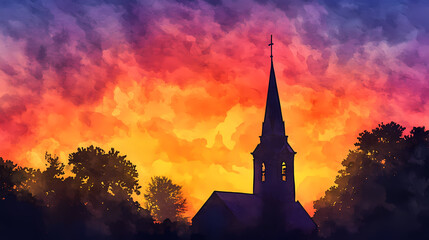 Obraz premium Majestic church steeple reaching towards the sky in a glowing watercolor sunset landscape the building s silhouette stands out against the vibrant fiery hues of the sky. Vibrant Spire. Illustration