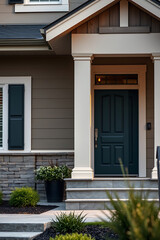 Fototapeta premium Modern House Exterior: Elegant Front Porch Design with Stone Accents and Lush Landscaping