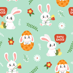 Happy Easter seamless pattern. Cute vector rabbits cartoons with eggs, and flower.	