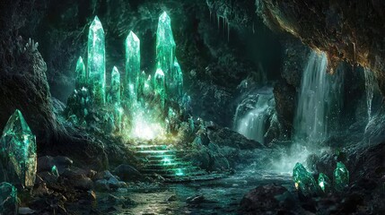 Ethereal Cave with Glowing Green Crystals and Waterfall