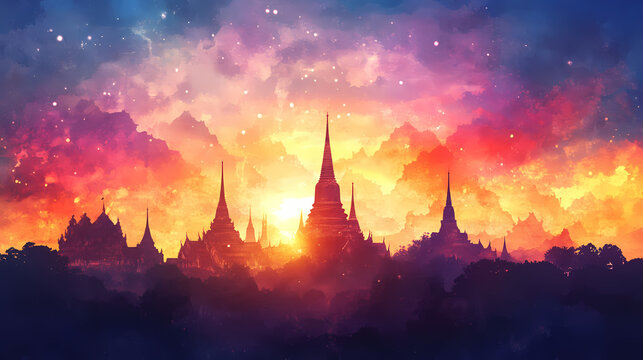 Traditional thai temple watercolor concept. majestic silhouette of spires against a vibrant sunset sky. Vibrant Spire. Illustration