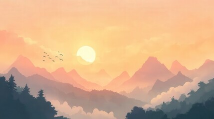 Obraz premium Serene sunset over mountainous landscape with birds flying, evoking tranquility and nature's beauty