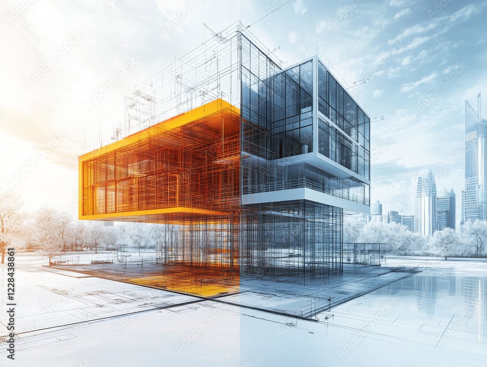 Poster architectural visualization of modern building with unique design