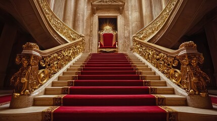 Majestic Royal Throne Surrounded by Grand Staircase and Opulent Decor
