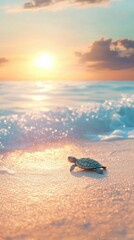 Baby turtle crawling on sandy beach during sunset and ocean waves