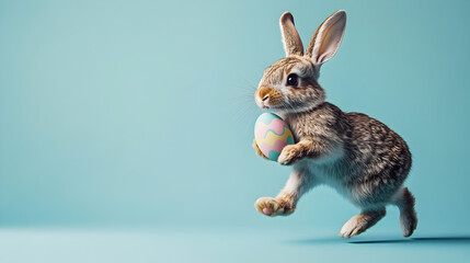 un conejo de pascua corriendo con un huevo decorado sobre un fondo azul pastel con espacio de copia para la celebracion de pascua 