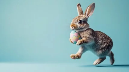 Fototapete Rund un conejo de pascua corriendo con un huevo decorado sobre un fondo azul pastel con espacio de copia para la celebracion de pascua  © Erika