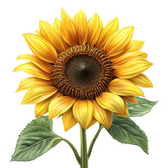 Fototapeta premium A vibrant sunflower with detailed petals and leaves against a transparent background.