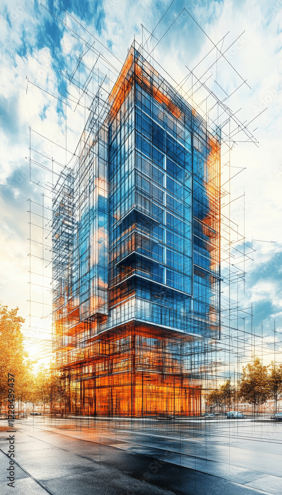 Poster modern architectural visualization of skyscraper with scaffolding