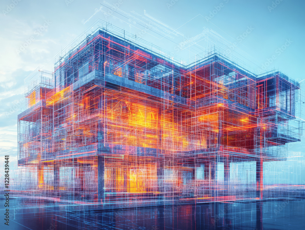Poster architectural visualization of modern building with vibrant lighting and structure