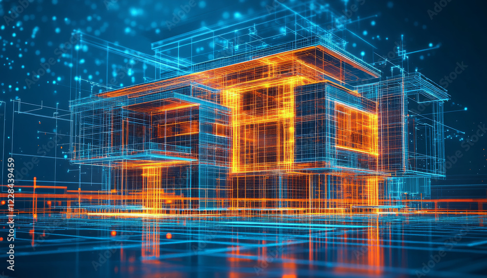 Aufkleber futuristic architectural visualization with glowing lines and grids