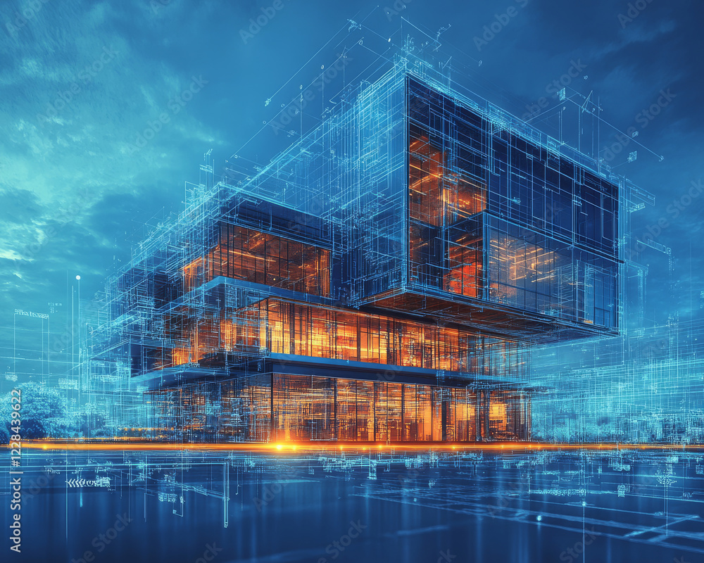 Poster architectural visualization of modern building with blueprints and lighting