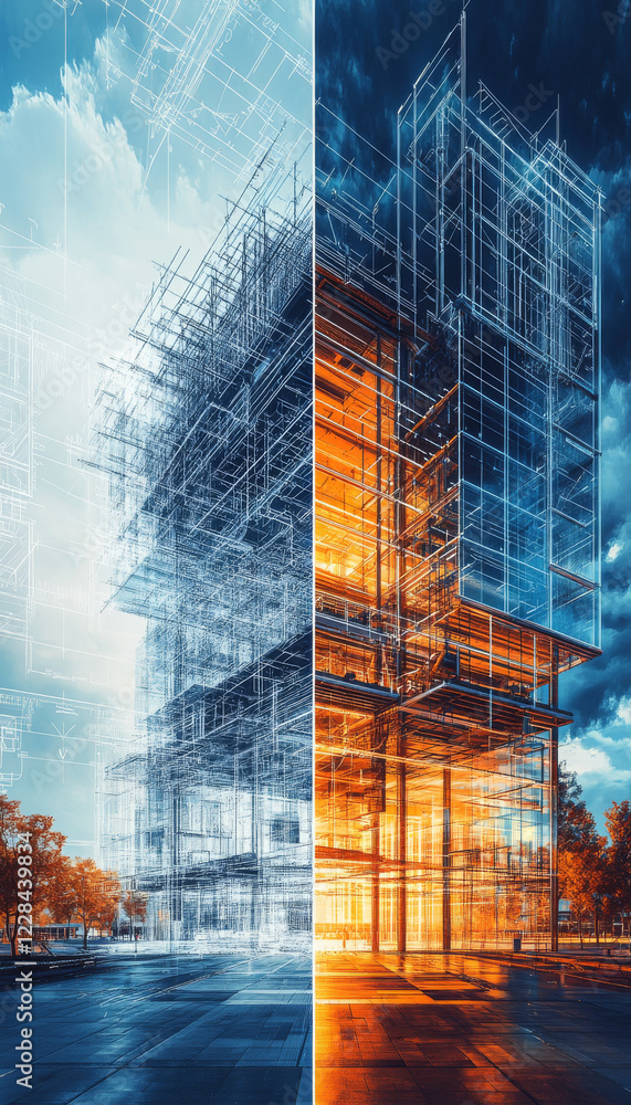 Poster architectural visualization showing building design and structure, blending blueprints with