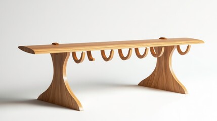 Modern wooden coat rack with curved hooks on a sturdy base, sleek, modern, coat rack, wood, sy base, curved hooks