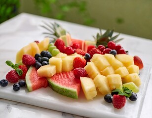 A vibrant fruit platter with watermelon, pineapple, grapes, and berries, arranged beautifully on a white marble tray.