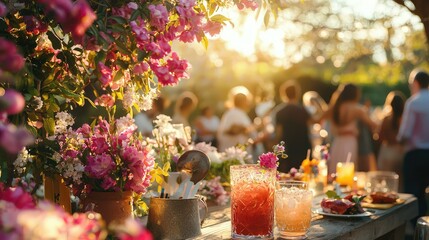 Beautiful Outdoor Cocktail Party Surrounded by Colorful Flowers and Guests