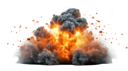 Dramatic explosion with fiery flames and smoke on transparent background. Transparent background