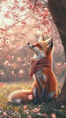 Obraz premium Majestic Fox Surrounded by Cherry Blossoms in Soft Spring Light