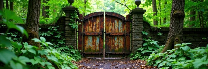 Fototapeta premium Abandoned, rusty gate in a wooded area with vines covering it, nature, gate