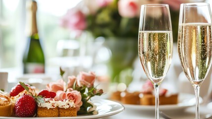 Elegant Table Setting with Champagne and Delicious Desserts in Focus