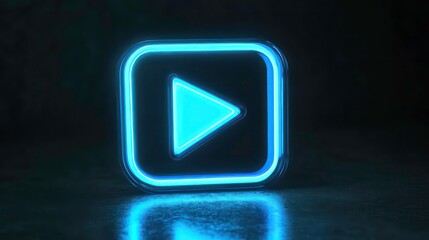 Neon glowing blue play button on black background with triangle arrow start button, Glowing, blue