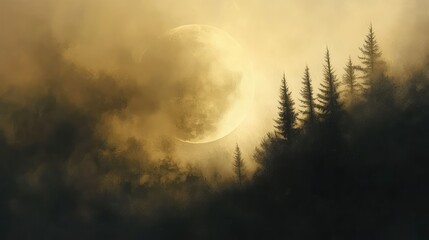 Obraz premium Dreamy Moonlit Forest with Mystical Fog and Tall Trees at Night