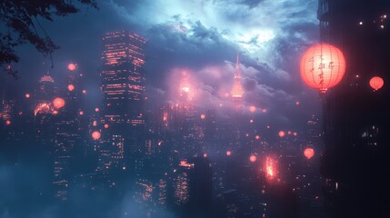 Obraz premium Enchanted Cityscape at Night with Lanterns and Misty Skyline