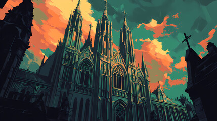 A gothic church with tall spires and detailed carvings. Vibrant Spire. Illustration