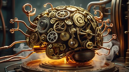 Cybernetic brain with intricate golden gears and high-tech components, symbolizing the future of AI, automation, neural processing, deep learning, and the integration of human intelligence with machin