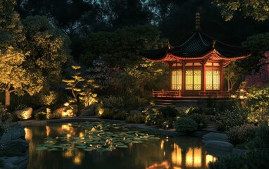 Fototapeta premium Tranquil night garden with glowing pagoda in vivid colors