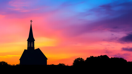 Obraz premium A serene church spire silhouetted against a vibrant sunset sky, symbolizing peace and spirituality. Vibrant Spire. Illustration