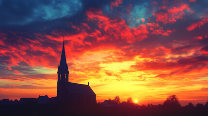 Fototapeta premium A serene church spire silhouetted against a vibrant sunset sky, symbolizing peace and spirituality. Vibrant Spire. Illustration