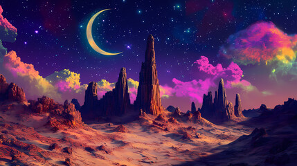 Fototapeta premium Desert landscape with vibrant colors and a crescent moon. Vibrant Spire. Illustration