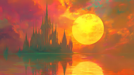 Fototapeta premium Fantasy castle, ethereal, vibrant sky, glowing sun, spires, mystical, artistic, dreamlike, reflection, tranquil, surreal, colorful, magical, scenic, otherworldly. Vibrant Spire. Illustration