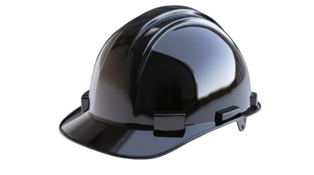 Shiny black construction helmet on transparent background. Transparent background