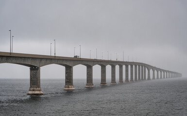 Fogg and rain at Confederation Bridge connecting New Brunswick and Prince Edward Island