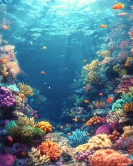 Naklejka premium Vibrant underwater coral reef teeming with marine life in realistic style