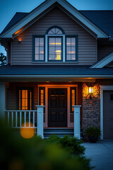 Naklejka premium Illuminated House Exterior at Night: Captivating View of a Residential Home's Architecture