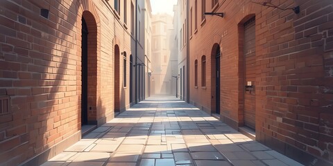 Fototapeta premium Sunlit Brick Alleyway Between Old European Buildings