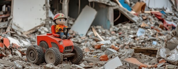 A toy construction vehicle sits among rubble and debris of a collapsed building, destruction and loss