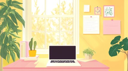 Laptop and motivational posters in yellow and pink study space