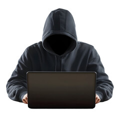 Hacker in Dark Hoodie Typing on Laptop, Cyber Threat and Online Security Risk, Isolated on Transparent Background