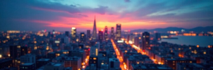 Fototapeta premium Cityscape at dusk with abstract circular bokeh on blue background, blurred edges, city lights, lights