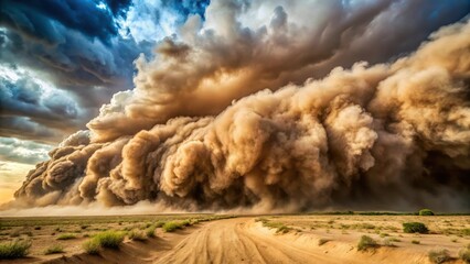 A massive dust storm ravages the open plains of Oklahoma with swirling clouds of brown sand and debris covering everything in its path, desert landscape, dust bowl