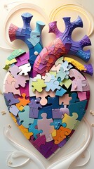 Vibrant heart-shaped jigsaw puzzle with one piece missing, representing love, relationships, unity, emotional healing, teamwork, connection, support, wholeness, and personal growth
