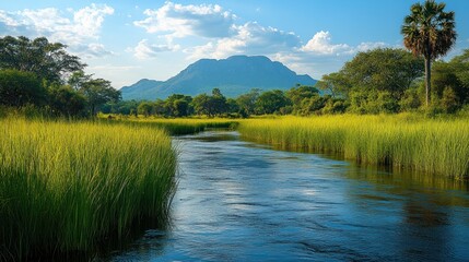 Obraz premium Serene River Flowing through Lush Green Marsh with Distant Mountain Views and Blue Sky