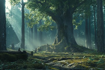 Obraz premium Majestic ancient trees rise in dense forest with moss-covered roots and light filtering through the lush canopy above. Generative AI
