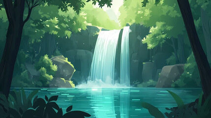 Serene waterfall cascading into a crystal-clear pool, nestled within a lush forest. Waterfall Haven. Illustration